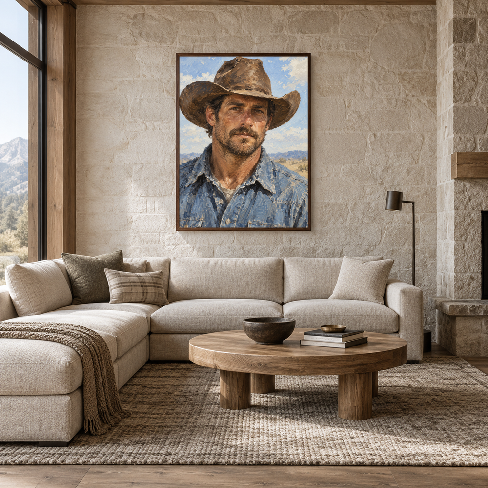 Ranch Hand Portrait displayed in a Western-inspired living room
