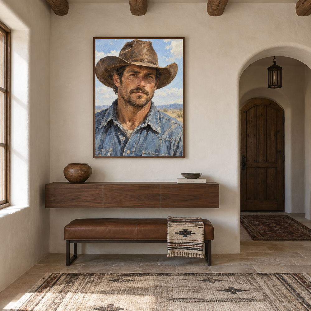 Ranch Hand Portrait displayed in a Western-inspired entryway
