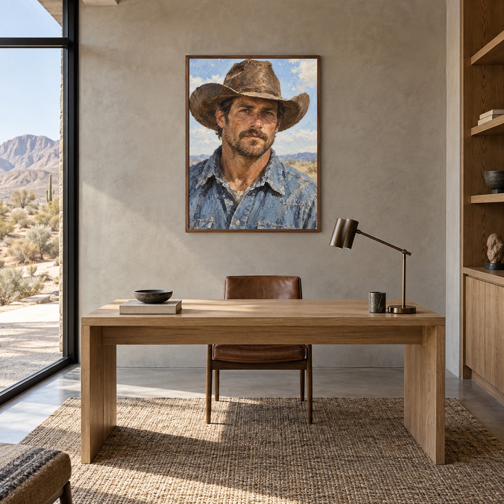 Ranch Hand Portrait displayed in a Western-inspired study
