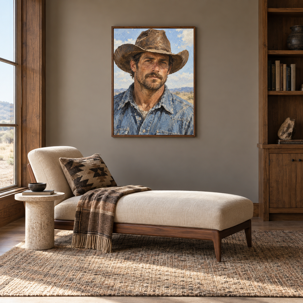 Ranch Hand Portrait displayed in a Western-inspired reading room
