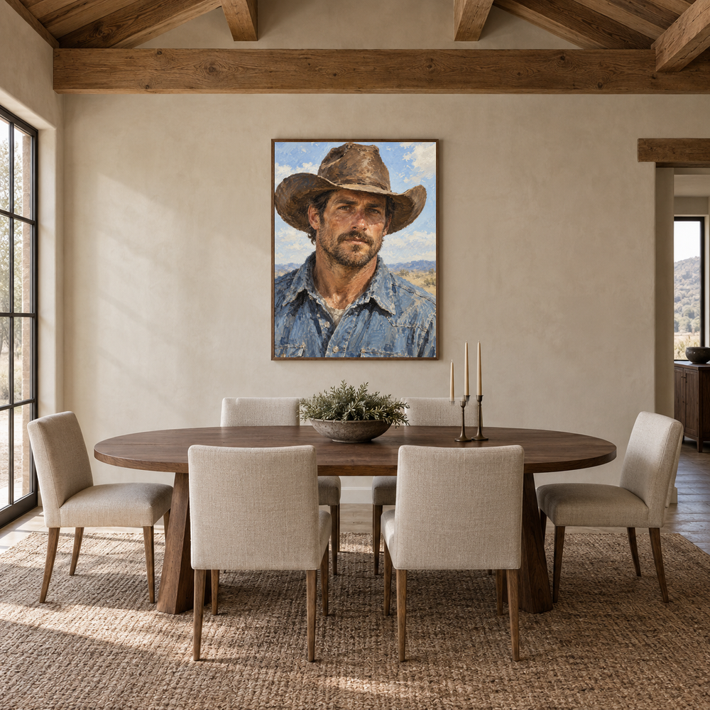 Ranch Hand Portrait displayed in a Western-inspired dining room