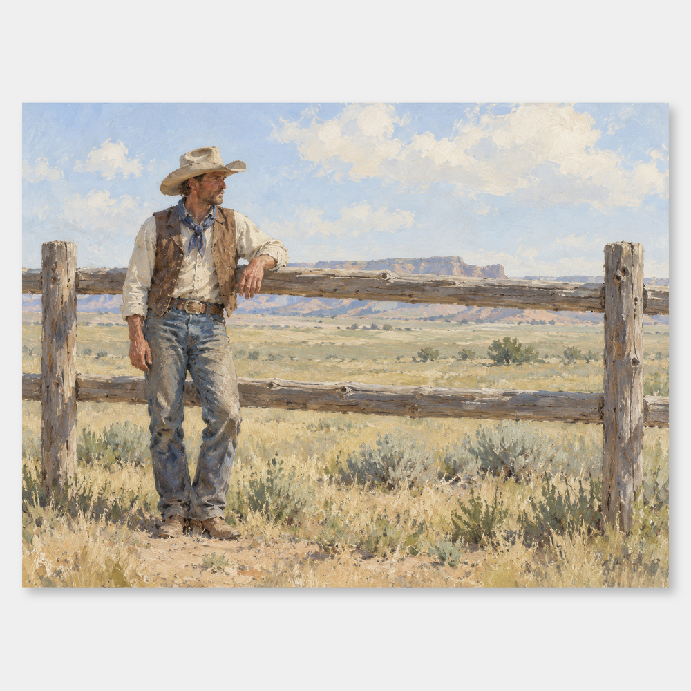 Cowboy at the Fence Western oil painting on a light gray background