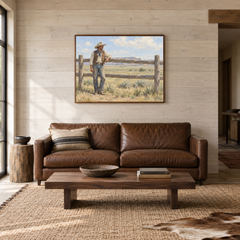 Cowboy at the Fence displayed in a Western-inspired living room