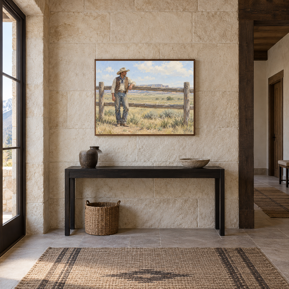 Cowboy at the Fence displayed in a Western-inspired entryway
