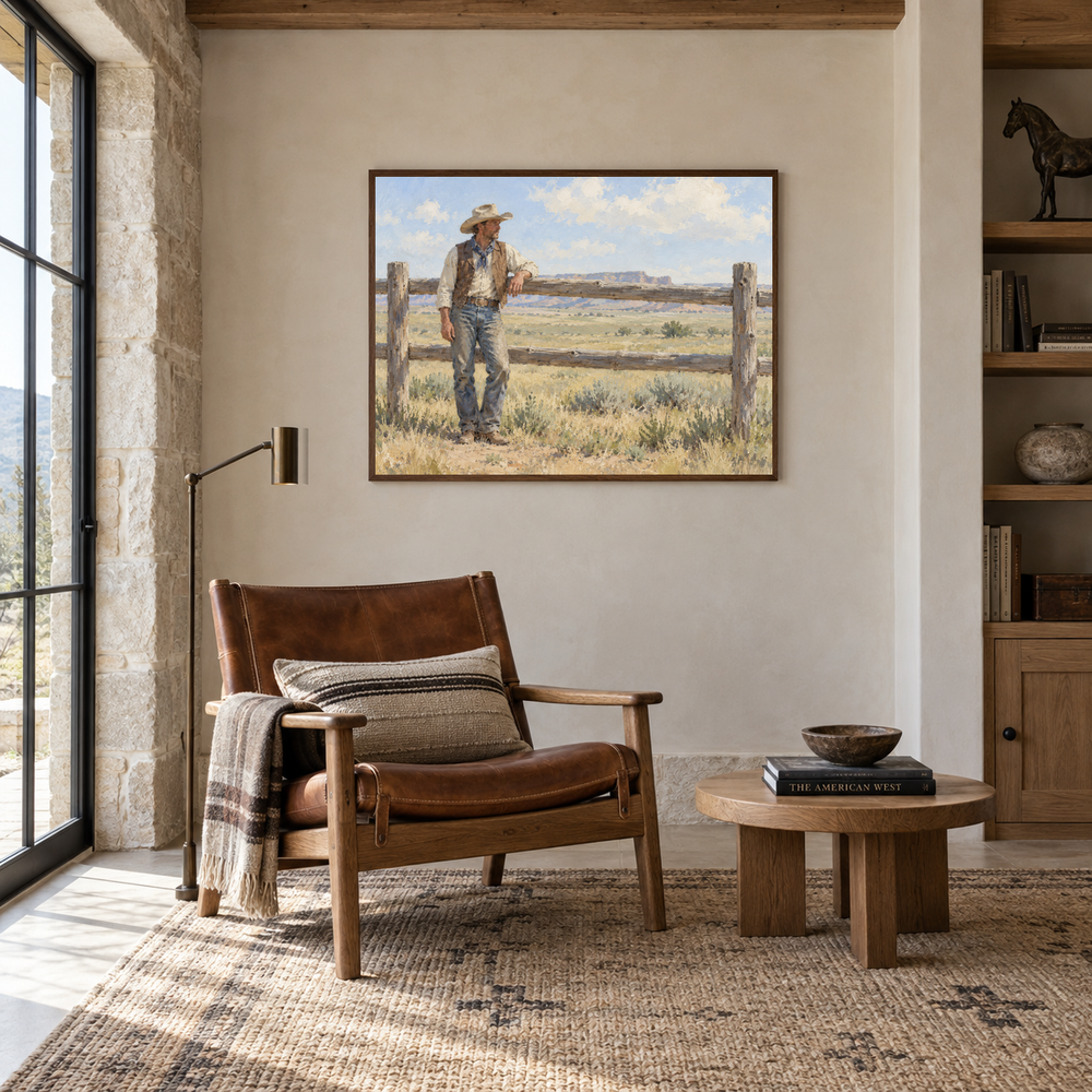 Cowboy at the Fence displayed in a Western-inspired reading room