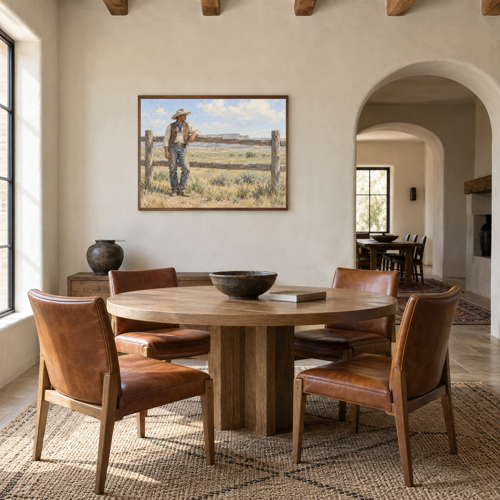 Cowboy at the Fence displayed in a Western-inspired dining room