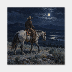 Rider Beneath the Moon Western oil painting on a light gray background
