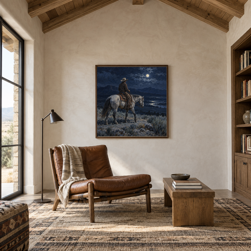 Rider Beneath the Moon displayed in a Western-inspired reading room