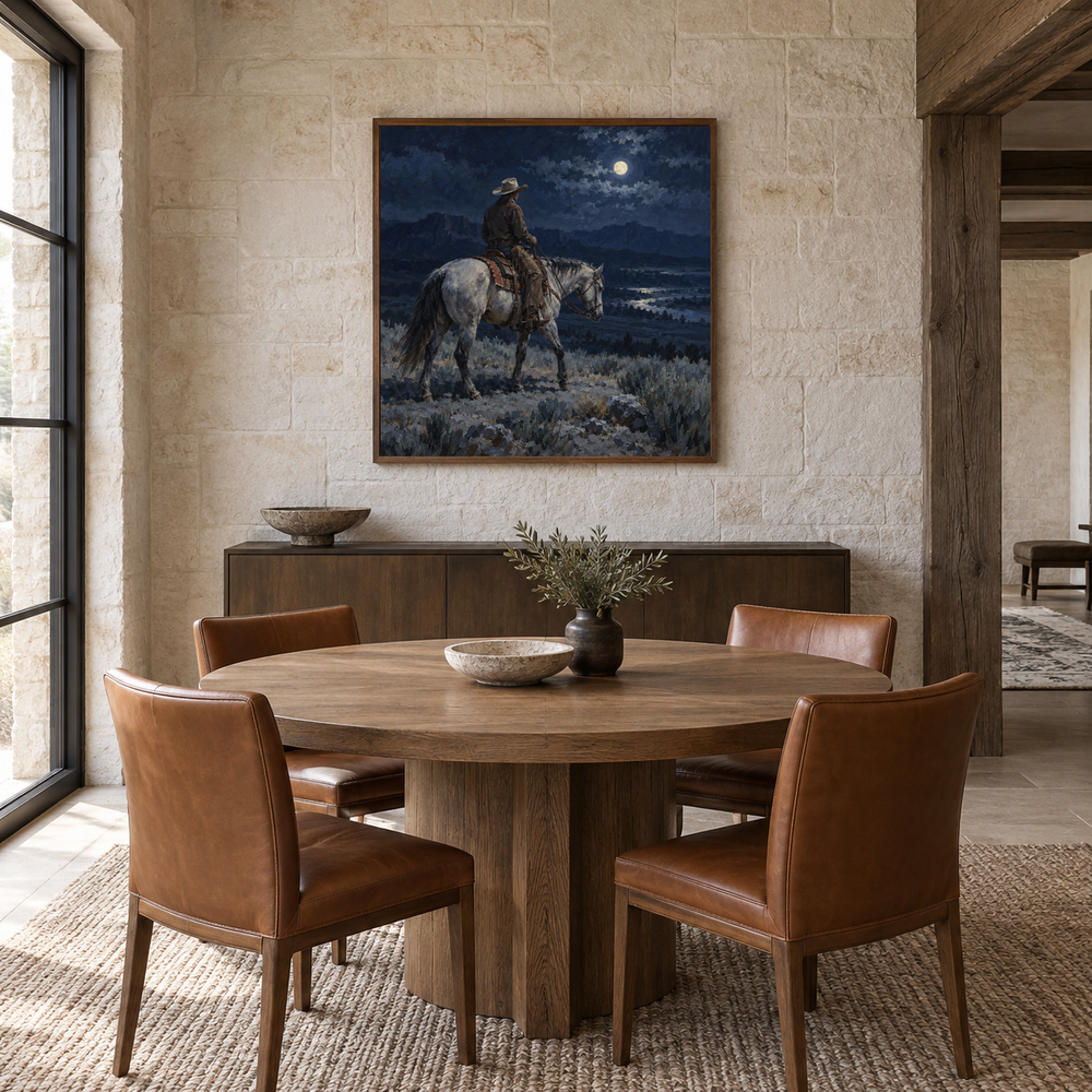 Rider Beneath the Moon displayed in a Western-inspired dining room