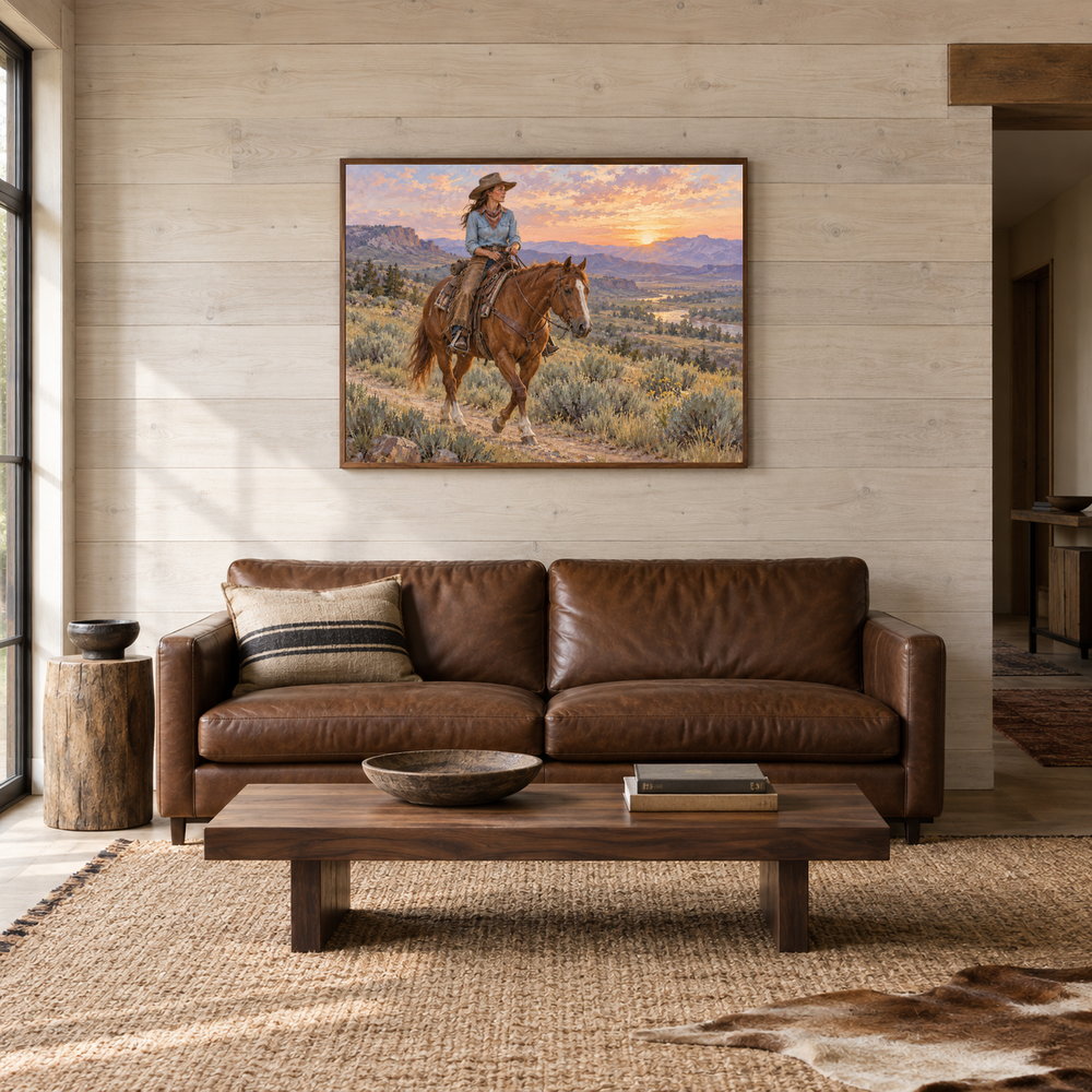 Cowgirl at Sunrise displayed in a Western-inspired living room