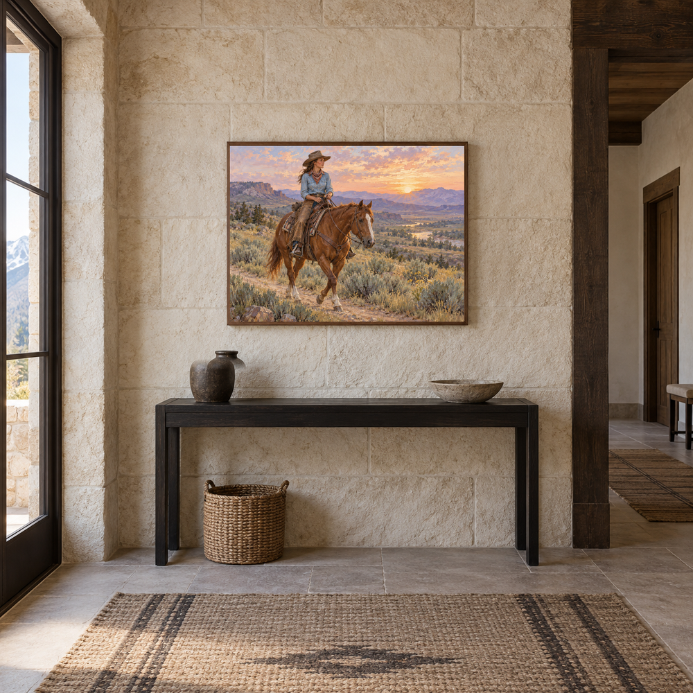Cowgirl at Sunrise displayed in a Western-inspired entryway