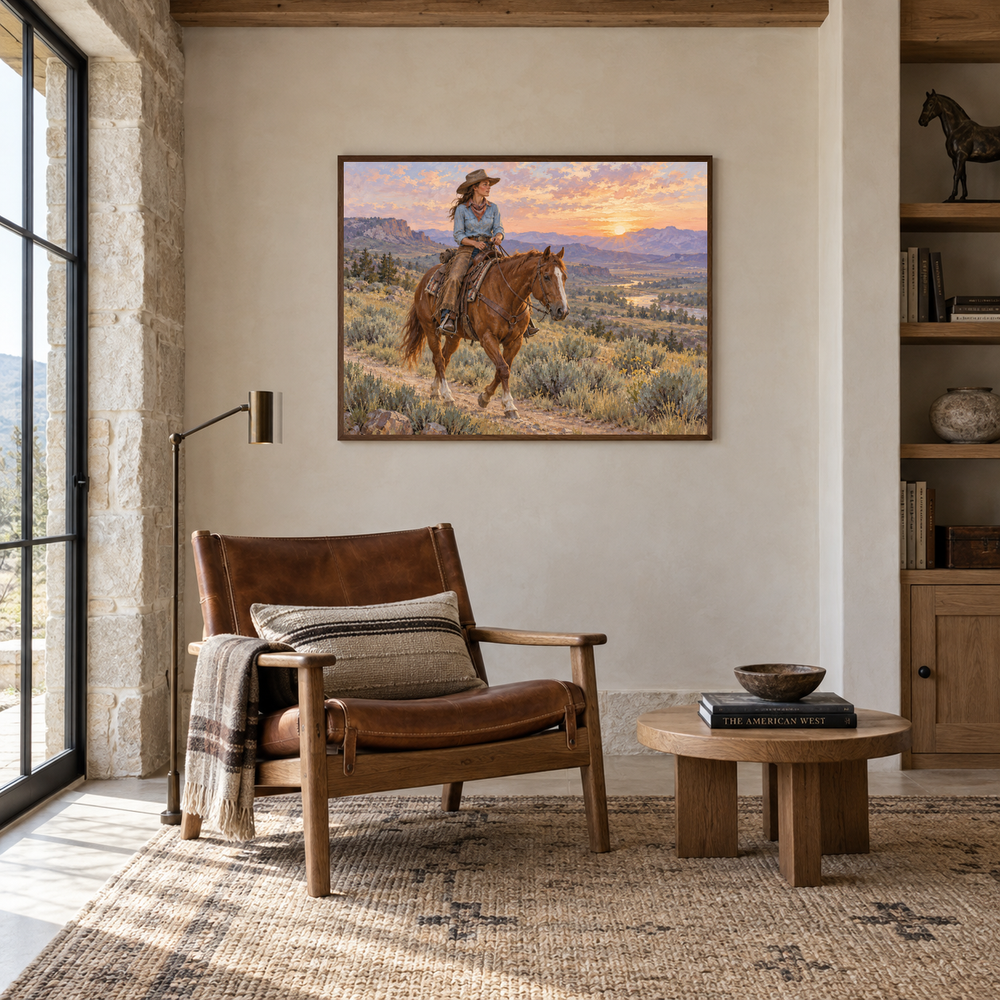 Cowgirl at Sunrise displayed in a Western-inspired reading room