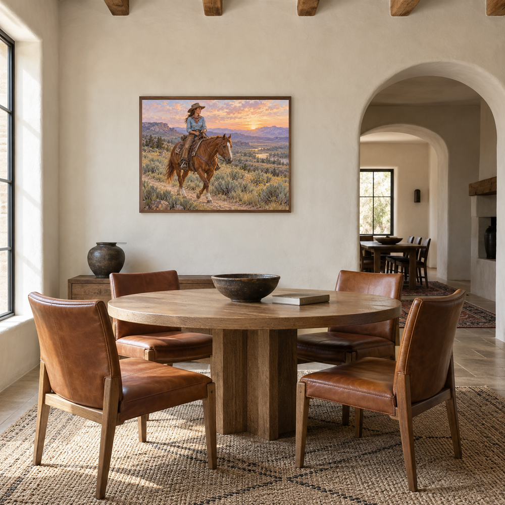 Cowgirl at Sunrise displayed in a Western-inspired dining room