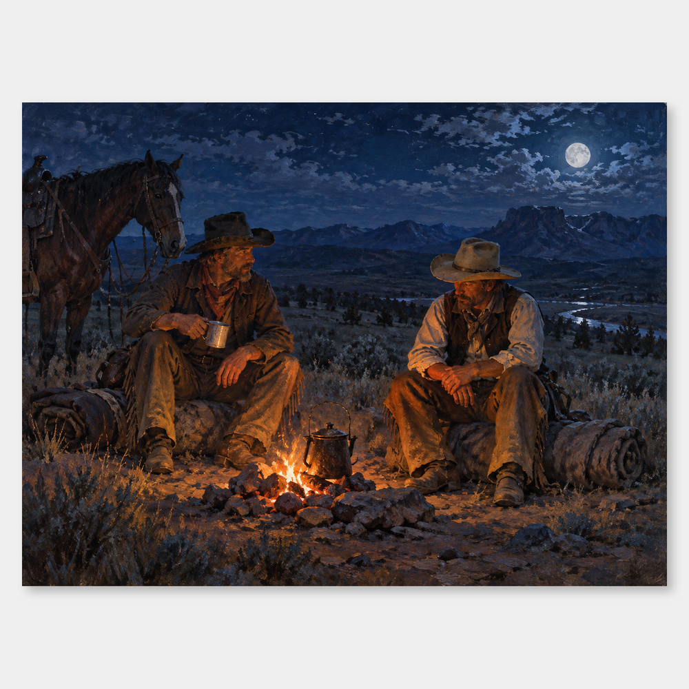 Cowboy Campfire Western oil painting on a light gray background