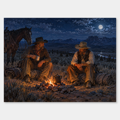 Cowboy Campfire Western oil painting on a light gray background