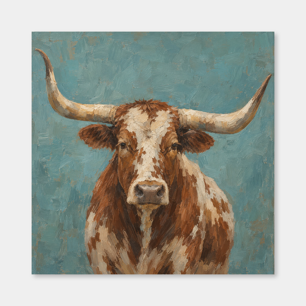 Turquoise Longhorn Western oil painting on a neutral gray background