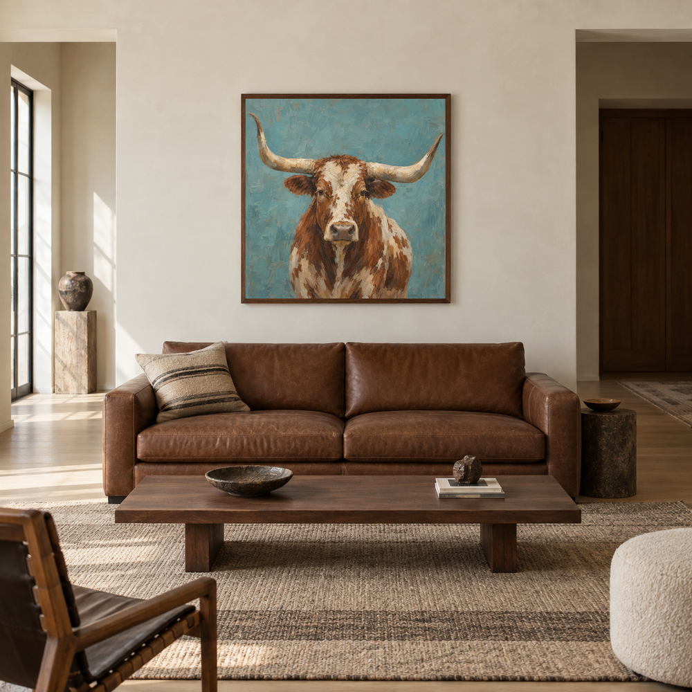 Turquoise Longhorn oil painting displayed in a Western ranch living room