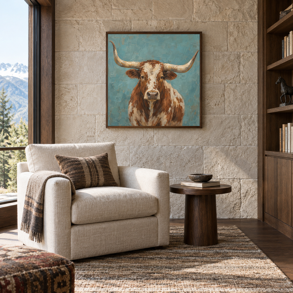 Turquoise Longhorn oil painting displayed in a Western lodge lounge