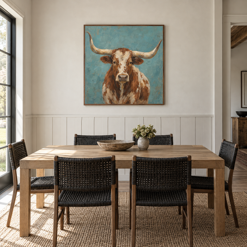 Turquoise Longhorn oil painting displayed in a ranch dining room