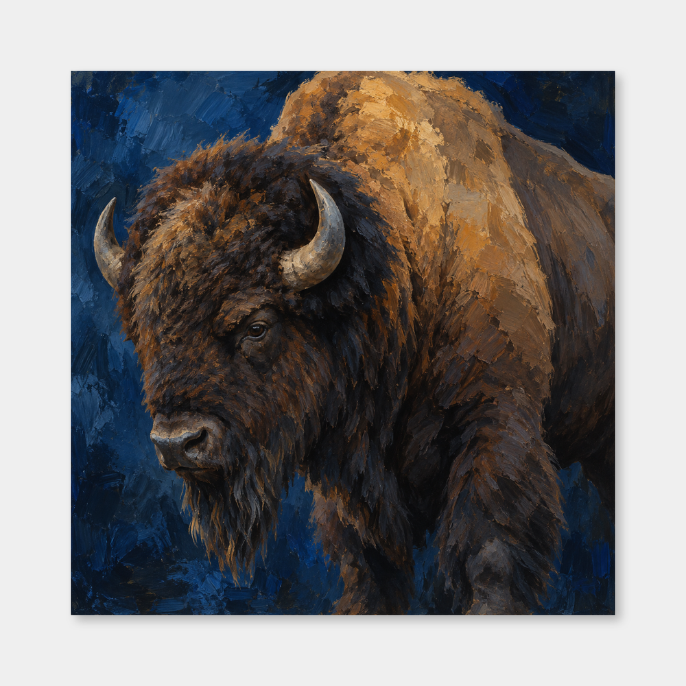 Bison in Deep Blue Western oil painting on a neutral gray background