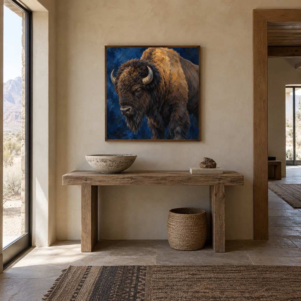 Bison in Deep Blue oil painting displayed in a Western entryway