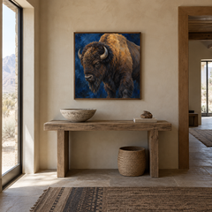 Bison in Deep Blue oil painting displayed in a Western entryway