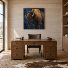Bison in Deep Blue oil painting displayed in a rustic office