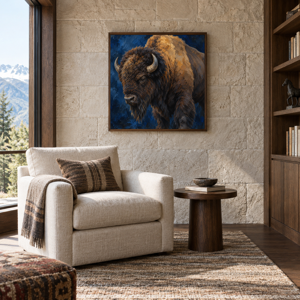 Bison in Deep Blue oil painting displayed in a Western lodge lounge