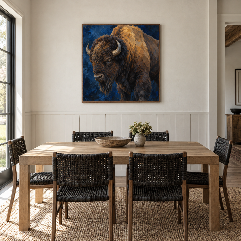Bison in Deep Blue oil painting displayed in a ranch dining room