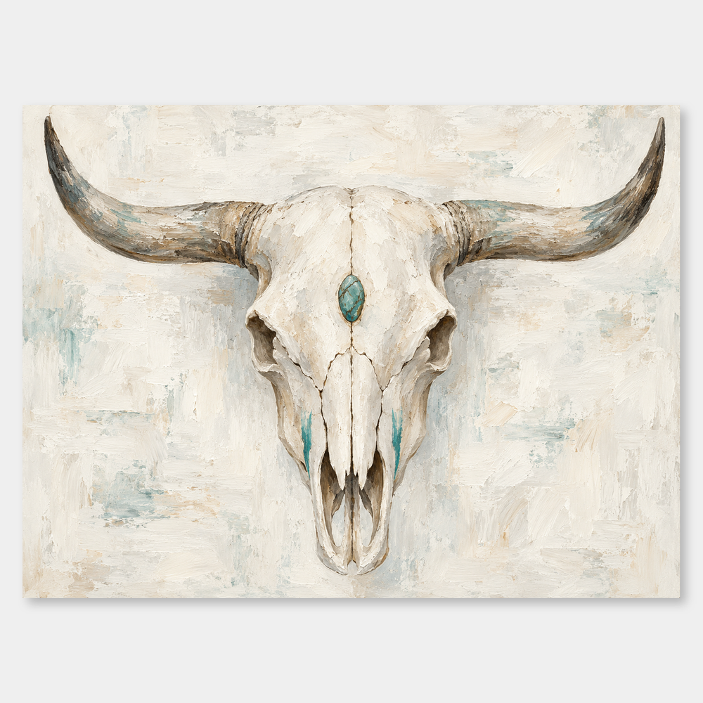 Western Skull & Turquoise Western oil painting on a neutral gray background