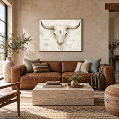 Western Skull & Turquoise oil painting displayed in a Western ranch living room