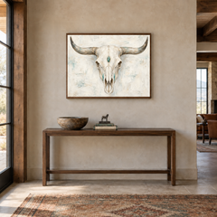 Western Skull & Turquoise oil painting displayed in a Western entryway