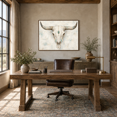 Western Skull & Turquoise oil painting displayed in a rustic office