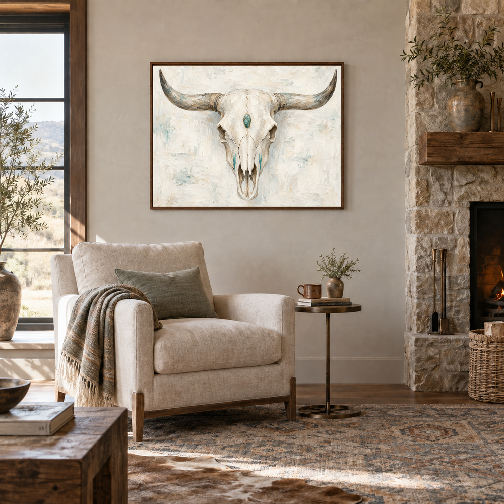 Western Skull & Turquoise oil painting displayed in a Western lodge lounge