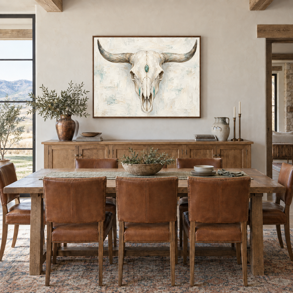 Western Skull & Turquoise oil painting displayed in a ranch dining room