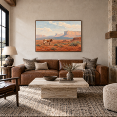 Longhorn Across the Desert oil painting displayed in a Western ranch living room