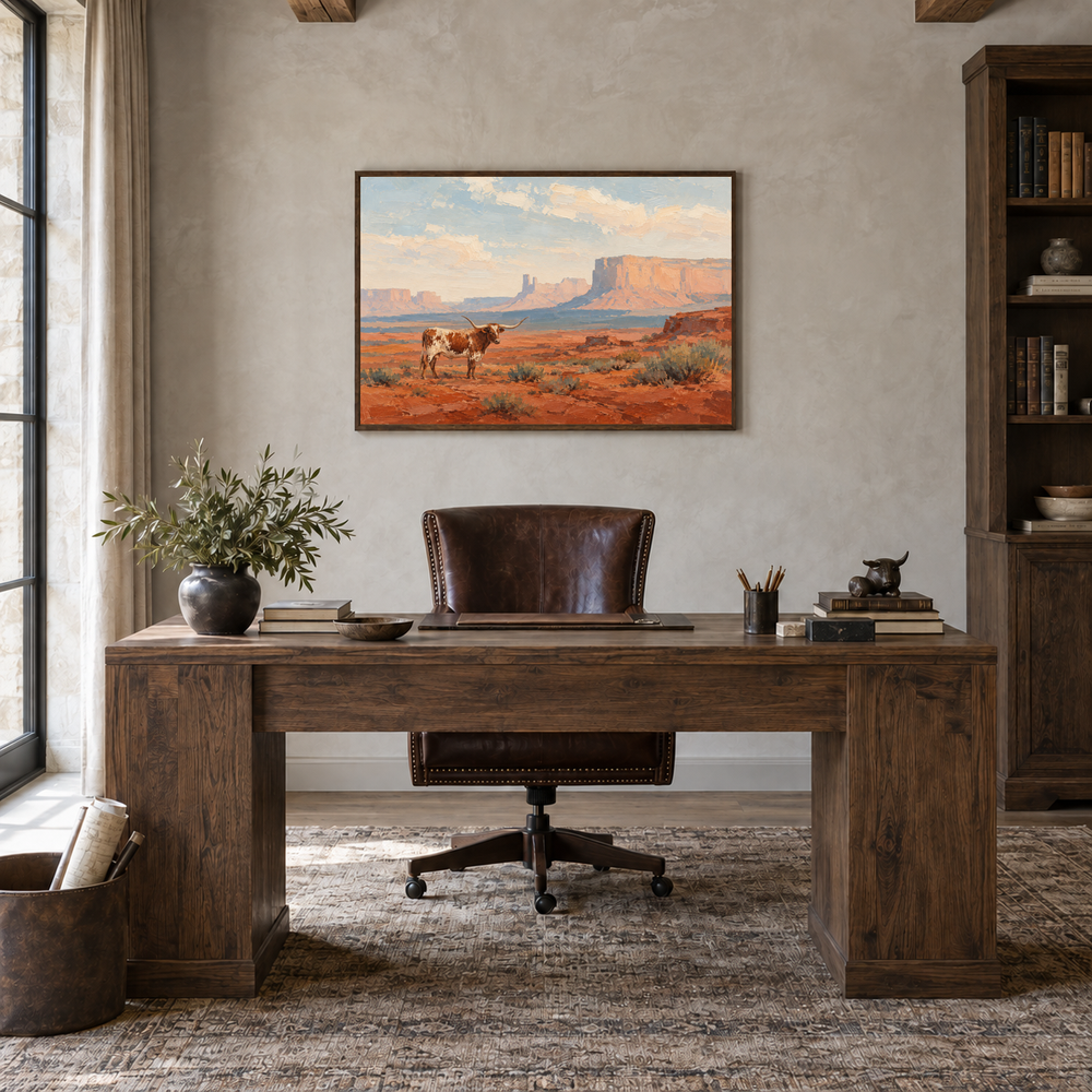 Longhorn Across the Desert oil painting displayed in a rustic office