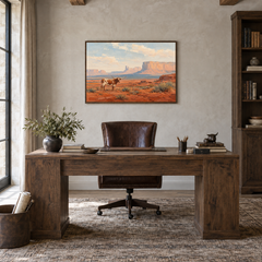 Longhorn Across the Desert oil painting displayed in a rustic office
