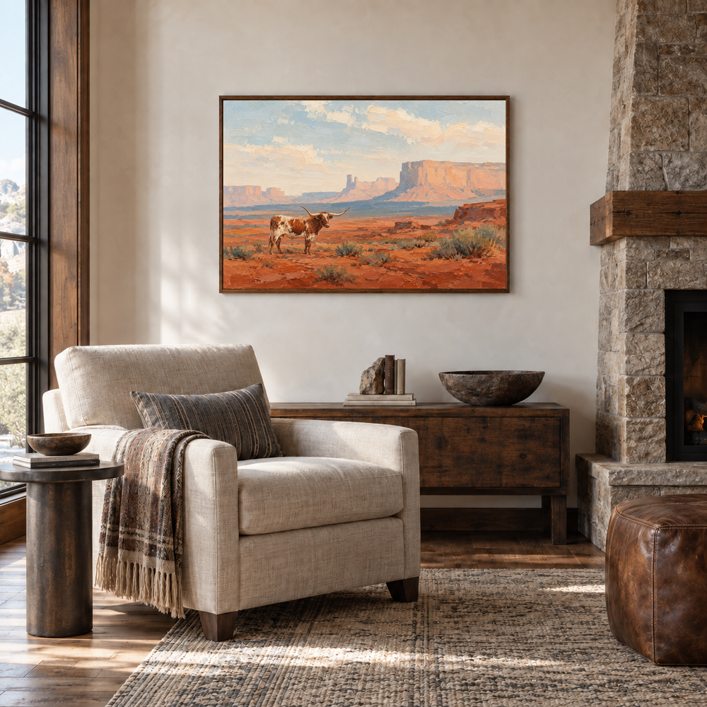 Longhorn Across the Desert oil painting displayed in a Western lodge lounge