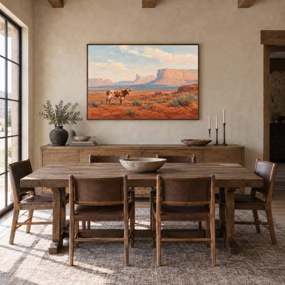 Longhorn Across the Desert oil painting displayed in a ranch dining room
