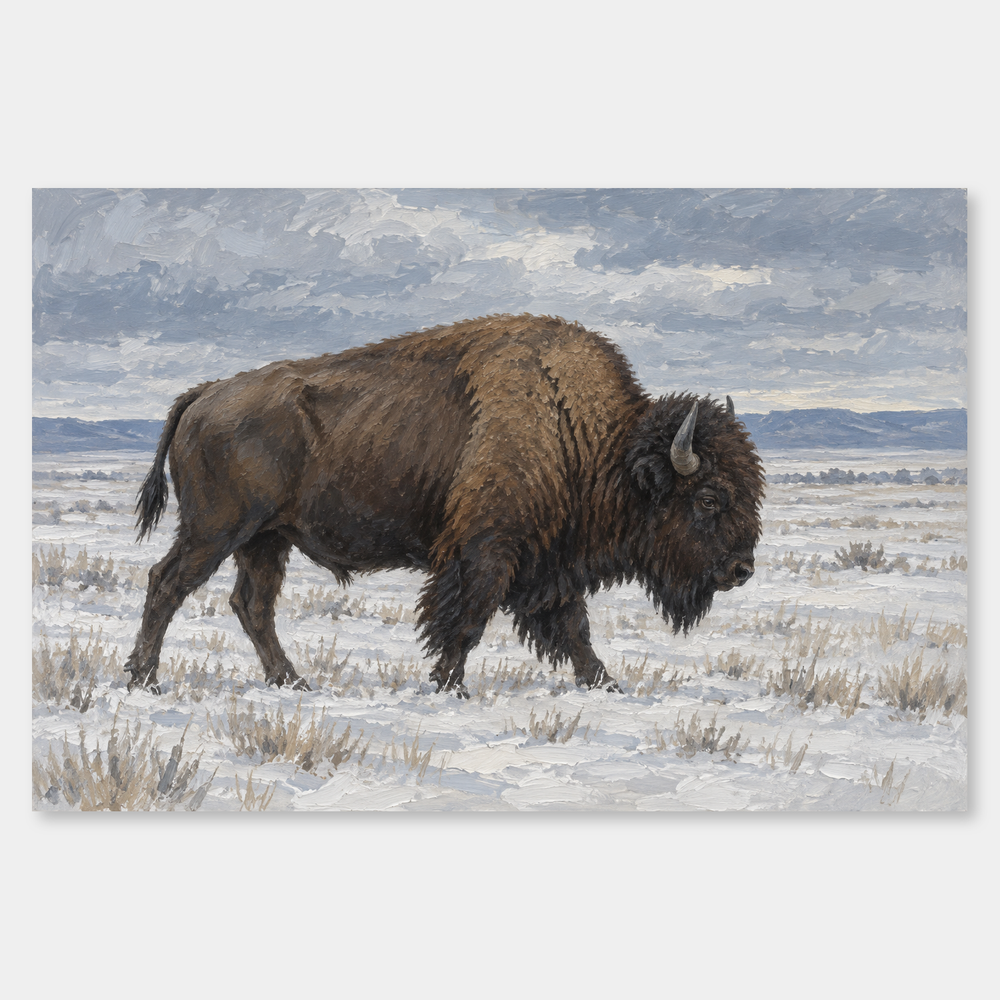 Bison on Winter Prairie Western oil painting on a neutral gray background