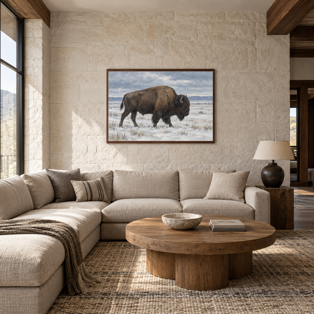 Bison on Winter Prairie oil painting displayed in a Western ranch living room