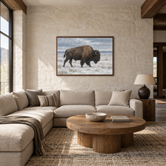 Bison on Winter Prairie oil painting displayed in a Western ranch living room