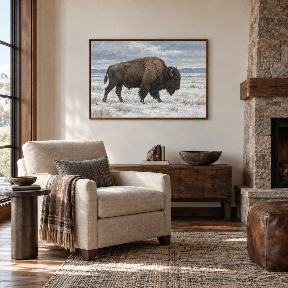 Bison on Winter Prairie oil painting displayed in a Western lodge lounge