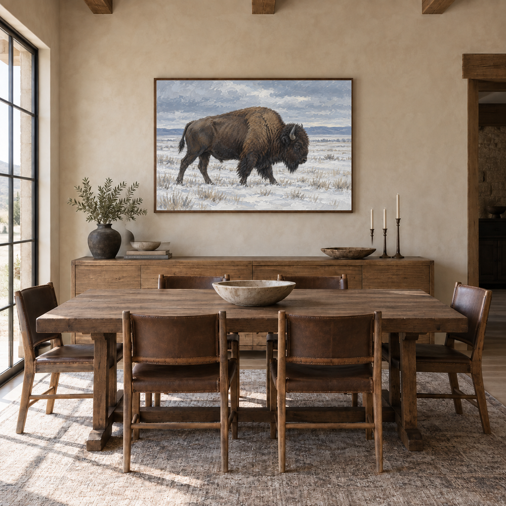 Bison on Winter Prairie oil painting displayed in a ranch dining room
