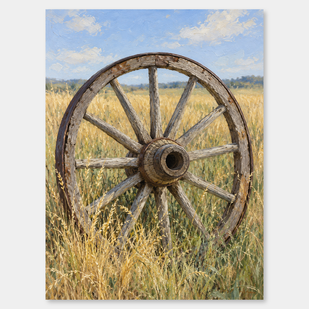 Wagon Wheel in Prairie Grass Western oil painting on a neutral gray background