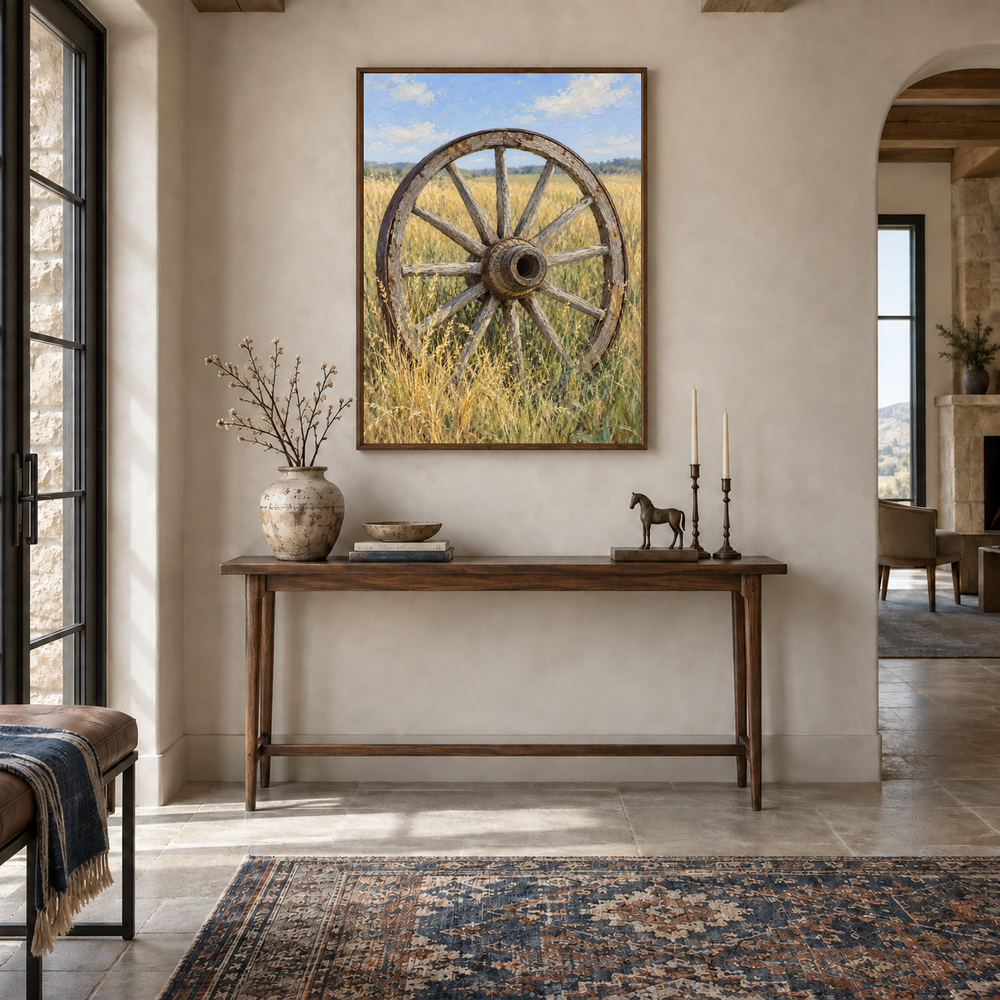 Wagon Wheel in Prairie Grass oil painting displayed in a Western entryway