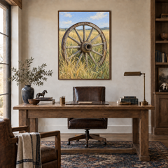 Wagon Wheel in Prairie Grass oil painting displayed in a rustic office
