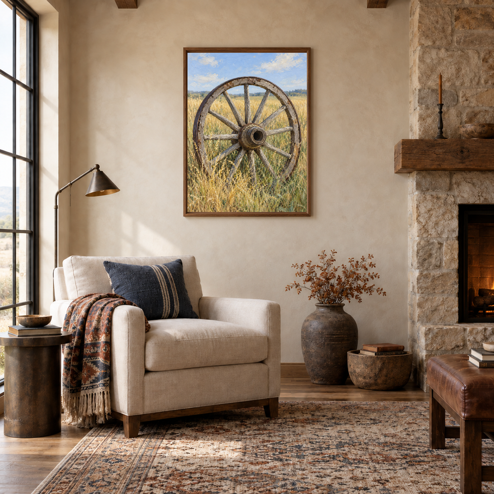 Wagon Wheel in Prairie Grass oil painting displayed in a Western lodge lounge