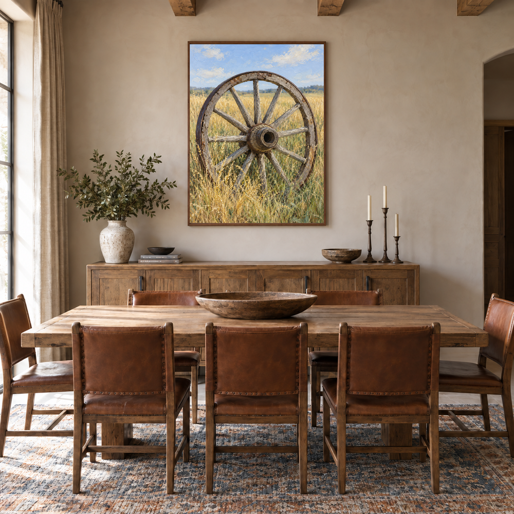 Wagon Wheel in Prairie Grass oil painting displayed in a ranch dining room